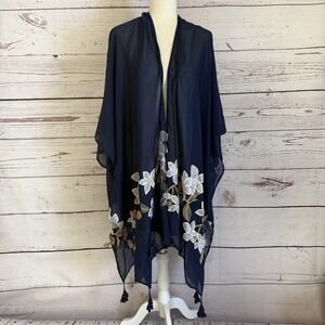 Jaclyn Smith Coverup Womens One Size Blue Embroidered Floral Print Kimono Resort